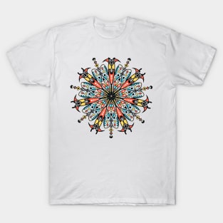 Hand drawn mandala with fine details and many colors. Stylish print. T-Shirt